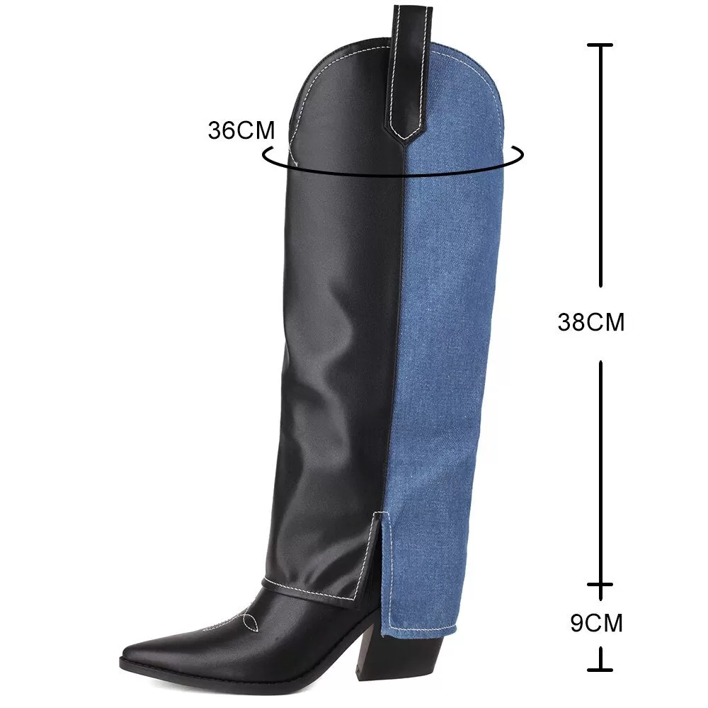 2023 Denim Cowgirl Boots Women's Knee Boots Spring Embroidery Thigh High Boots