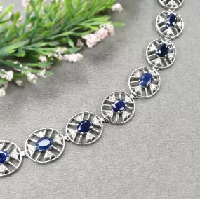 925 Sterling Silver Bracelet : 20.46gms Natural Blue Sapphire Gemstone With CZ Oval Normal Cut Prong Set Tennis Bracelet 7"