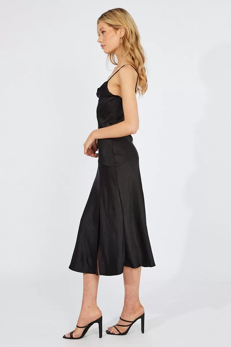 Black Satin Dress Cocktail Split Side Strappy