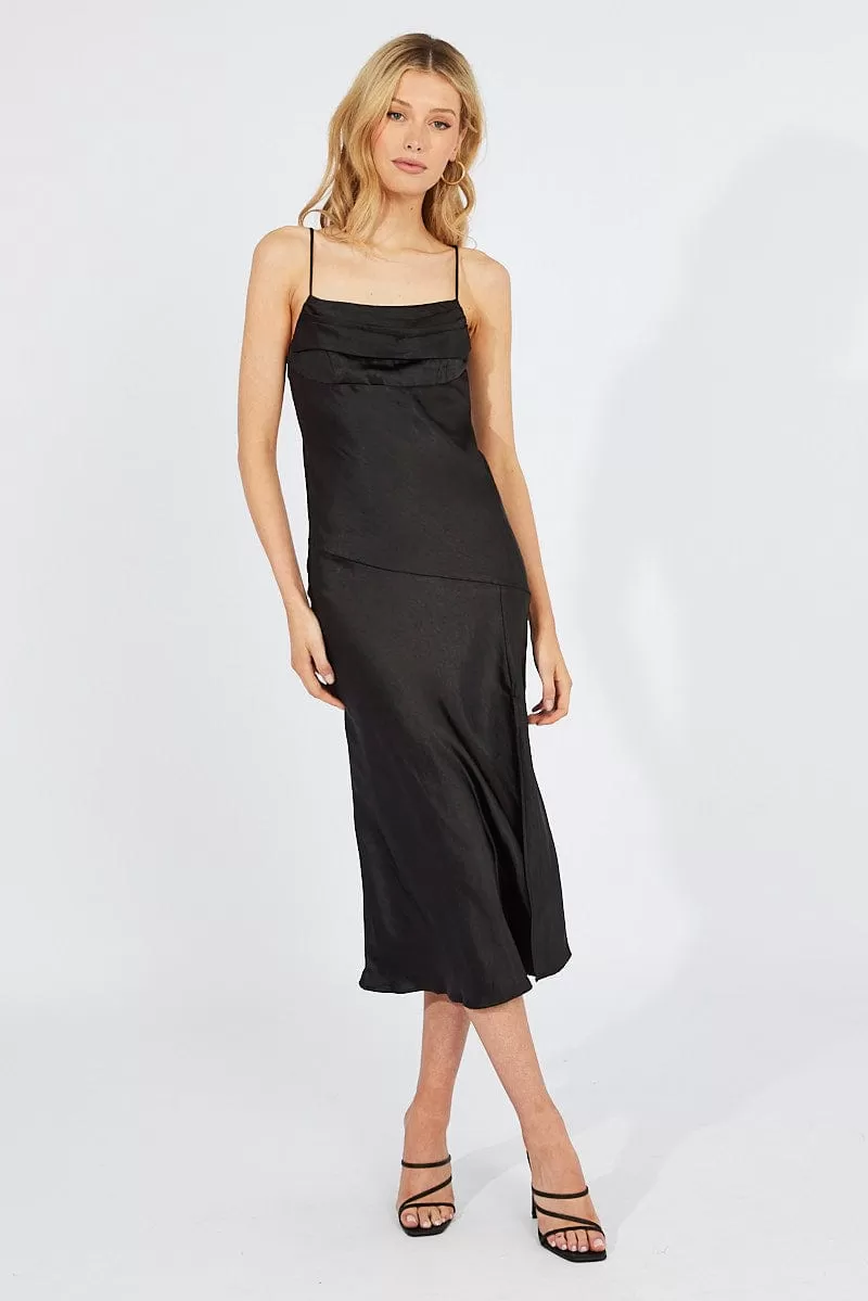 Black Satin Dress Cocktail Split Side Strappy