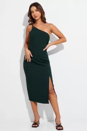 Green Midi Dress One Shoulder Asymmetric