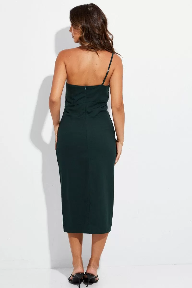 Green Midi Dress One Shoulder Asymmetric