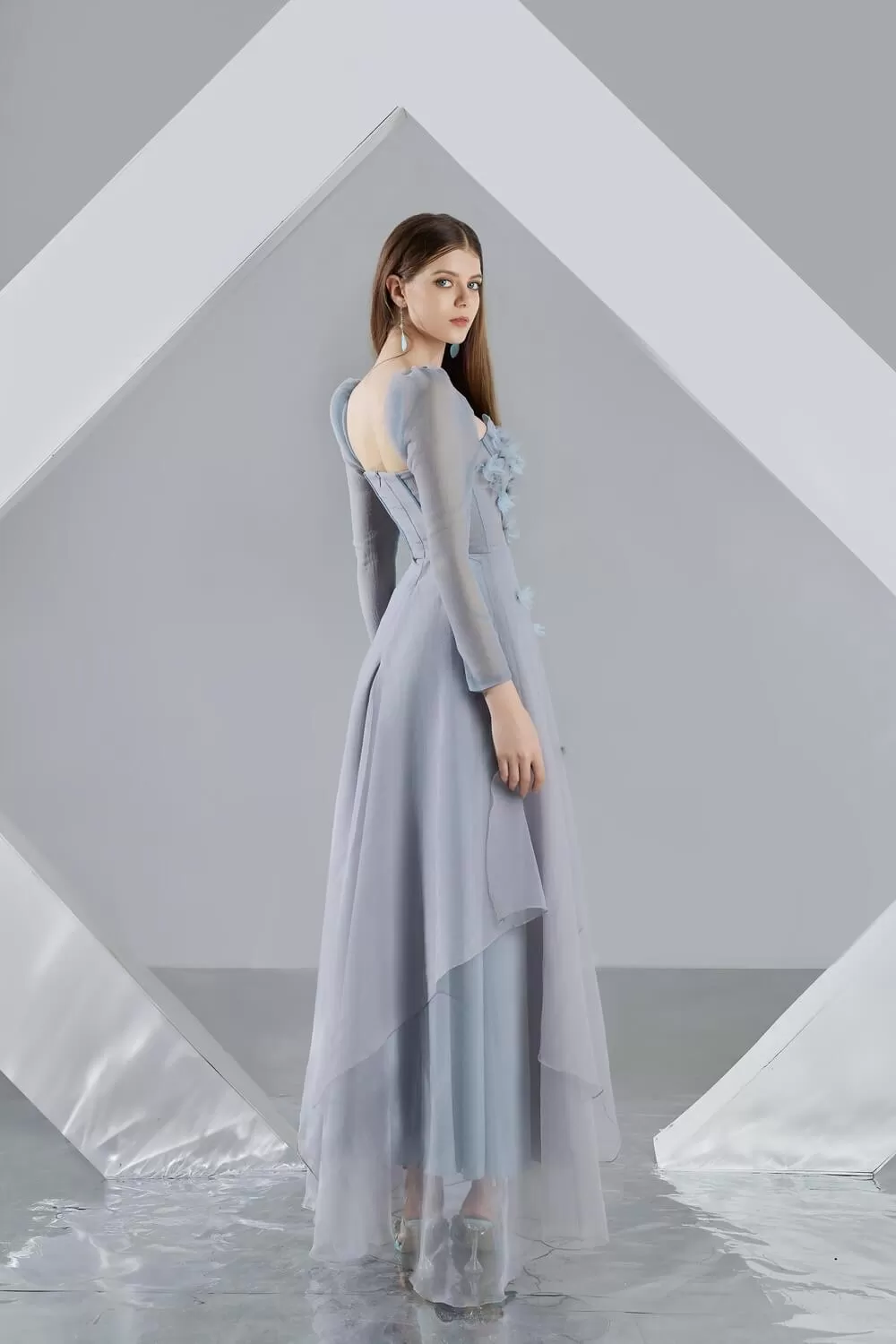 Hayley Fit and Flare Long Sleeved Organza Ankle Length Dress