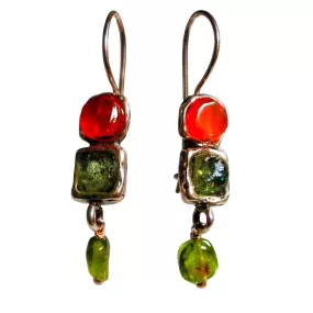 Sterling Silver Earrings, Roman Glass Earrings cornelian, Peridot