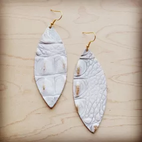 White and Gold Gator Narrow Leather Oval Earrings